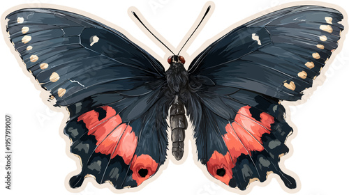 Illustration of a butterfly. Black and red wings are spread, with dark body. Rounded edge