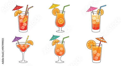 Colorful summer cocktails with fruit garnishes and decorative umbrellas