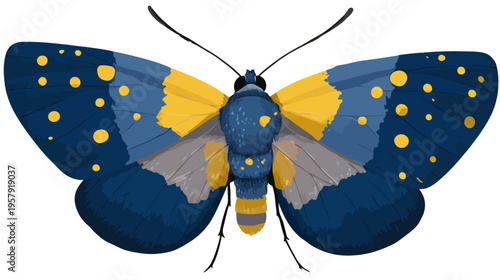 A detailed illustration of a butterfly featuring dark blue wings, yellow spots and a striped body