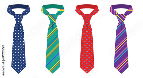 Four colorful neckties displayed in a row showcasing various patterns