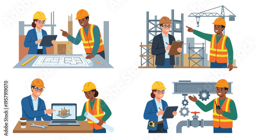 Construction team collaborating on blueprints and designs at a worksite