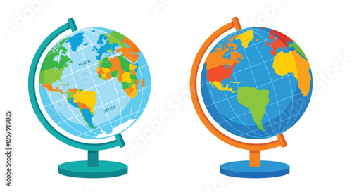 Two colorful cartoon globes depicting earth with detailed continents
