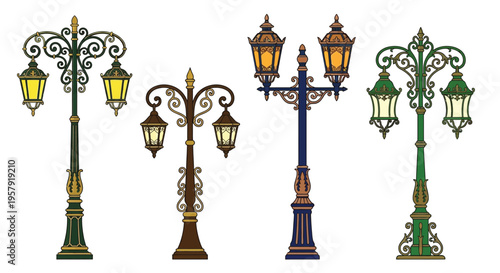 An assortment of ornate vintage street lamps with varying designs and colors