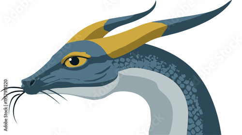 Stylized depiction of a mythical creature's head, profile view. Blue, gold, and grey color palette