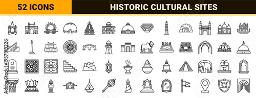 Indian Heritage Architecture and Historic Landmarks Minimalist Monoline Outline Icons for Cultural Tourism and Educational Design