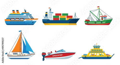 Colorful illustration of various boats and ships sailing on water