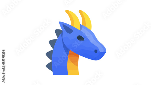 A stylized dragon's head with blue skin, yellow horns, and a row of dark dorsal spikes