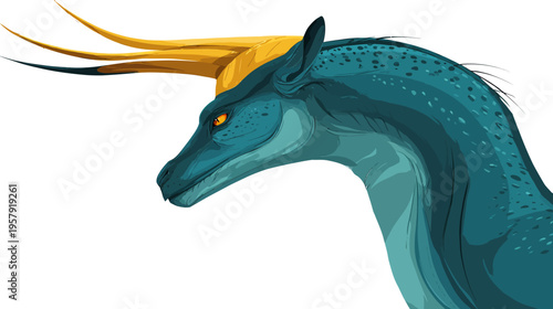 A side profile of a mythical creature with teal skin, gold horns, and an intense orange eye
