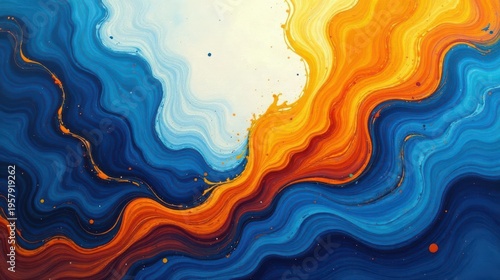 Abstract Fluid Art Vibrant Hues of Blue and Orange Intermingle in a Dynamic Composition of Swirling Waves and Expressive Brushstrokes