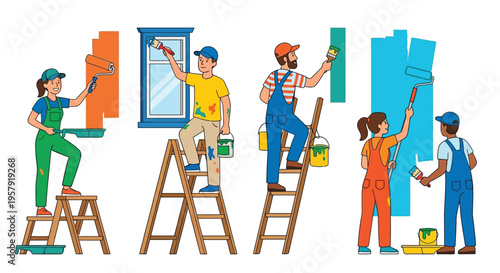 Diverse group of people cheerfully painting a house with vibrant colors