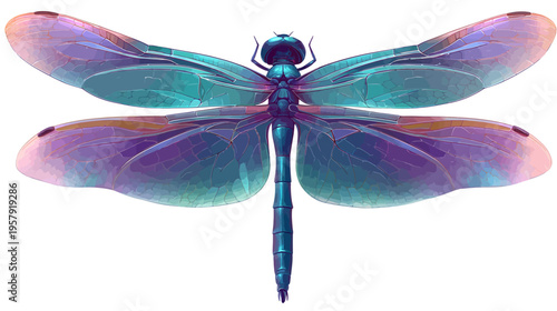 A vibrant digital illustration of a dragonfly with iridescent wings, detailed and colorful