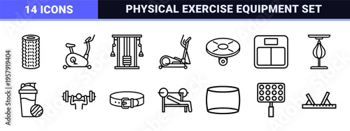 Physical Fitness and Gym Equipment Minimalist Monoline Icon Set Featuring Workout Gear and Athletic Training Geometric Line Art Symbols