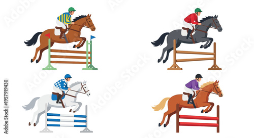 Four illustrations of jockeys on horseback jumping over hurdles