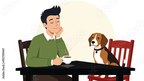 Young Man Enjoying Coffee At Table With Cute Beagle Pet Sitting On Chair In Cozy Cafe Scene Vector Illustration