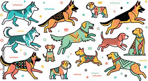 Modern Geometric Dog Breed Illustration Set Featuring Colorful Patterned Canine Characters Including German Shepherd Golden Retriever And Husky Vector