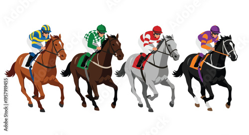 Five racehorses and jockeys competing in a thrilling horse race