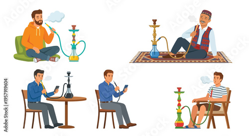 People enjoying hookah in various settings depicted in a cartoon style