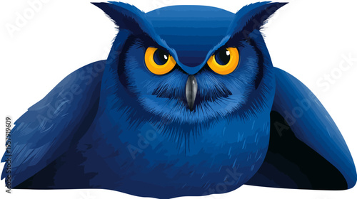 A detailed digital illustration of an owl, rendered in blue hues, with bright orange eyes