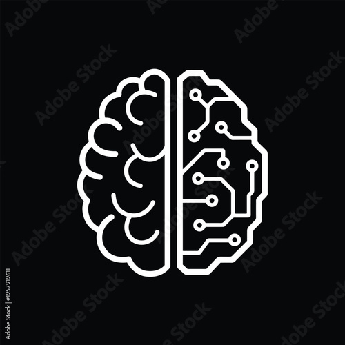 Artificial intelligence White circuit pattern overlays brain silhouette. Black background creates sharp, modern contrast. Design symbolizes artificial intelligence or neural networks. Ideal for tech, 
