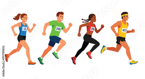 Four athletes energetically running a race displaying determination and speed