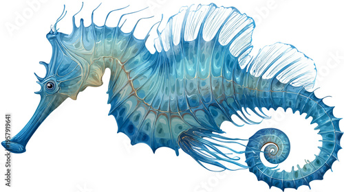 A detailed illustration of a seahorse with shades of blue and gold, isolated on a white background