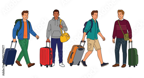 Four young men with luggage walking likely traveling together