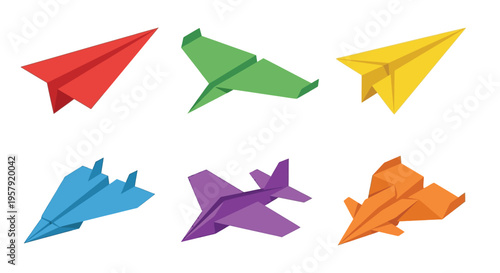 Colorful paper airplanes in various designs float against a white background