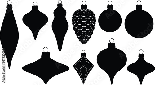 christmas, ornaments, baubles, decoration, holiday, festive, winter, xmas, silhouette, black, design, collection, set, decorative, hanging, vector, illustration, isolated, shapes, icons