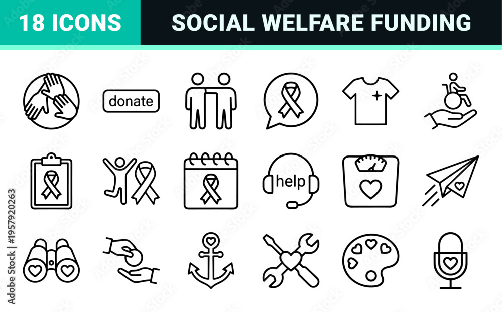 Fototapeta premium Charity and Humanitarian Aid Minimalist Monoline Icon Set Featuring Geometric Line Art for Community Support and Social Welfare Projects.