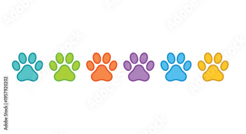 A row of colorful cartoon paw prints against a white background