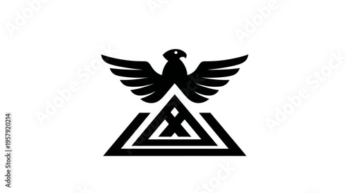 A stylized black illustration, featuring a bird of prey above a geometric triangular symbol