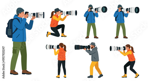 Photographers with professional cameras in various poses and colorful clothing