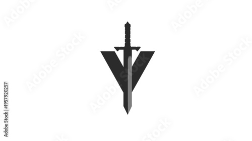 A stark emblem featuring a stylized sword piercing through a downward-pointing, angular design