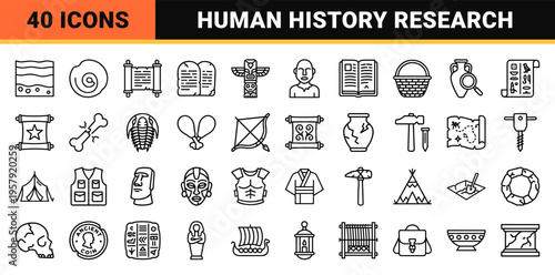 Archaeology and Ancient History Research Elements in Minimalist Geometric Monoline Style for Educational and Scientific Database Design