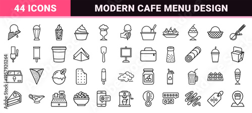 Minimalist monoline geometric line art featuring frozen desserts, ice cream cones, popsicles, and cafe beverage symbols for modern digital interfaces.