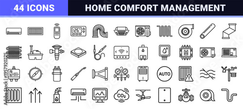 HVAC System Infrastructure and Climate Control Interface Minimalist Monoline Line Art for Technical Architecture and Home Automation