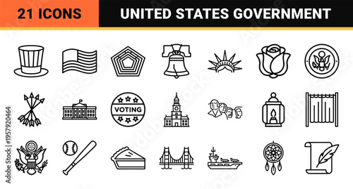 American Patriotic Symbols and Government Landmarks Minimalist Monoline Geometric Line Art for Civic Education and Political Design