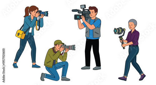 Diverse group of photographers using various camera equipment outdoors