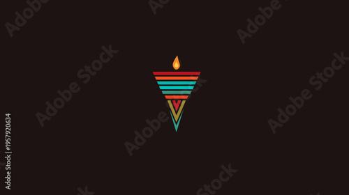 A geometric illustration of a flame atop a colorful triangular shape. Simple yet striking
