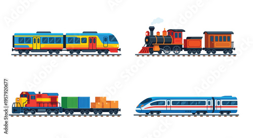 Colorful illustration depicting a variety of trains steam passenger freight and modern