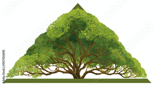 A digitally rendered, green tree with broad crown, brown trunk, and a geometric base