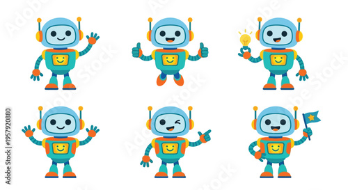 Colorful cartoon robots with various poses and expressions isolated on white