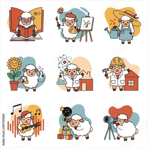 Whimsical illustrations of a sheep and its owner in various creative and playful scenes