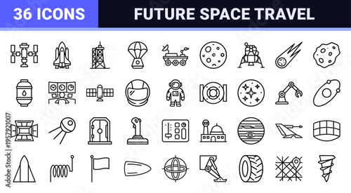 Space Exploration and Aerospace Technology Minimalist Monoline Icons for Science Research and Commercial Satellite Industry Digital Design