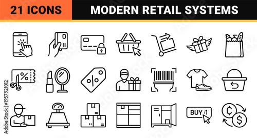 E-commerce and Retail Logistics Outline Icons featuring Minimalist Monoline Geometric Art for Digital Marketplace and Supply Chain.