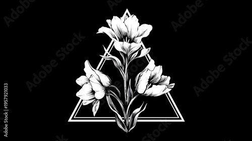 A white floral design with three blooms and stems is enclosed within a white triangle on black
