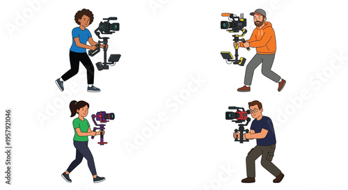 Four individuals operating camera stabilizers showcasing film and video production