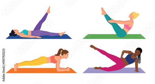 Four women demonstrating different core exercises on yoga mats