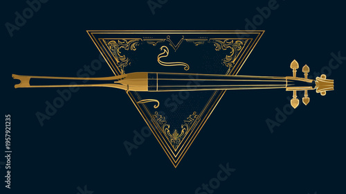 Golden, stylized musical instrument depicted horizontally, framed within a decorative triangle on a dark navy background
