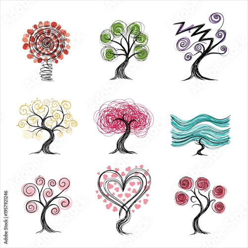 Nine illustrative trees with diverse aesthetic and symbolic representations